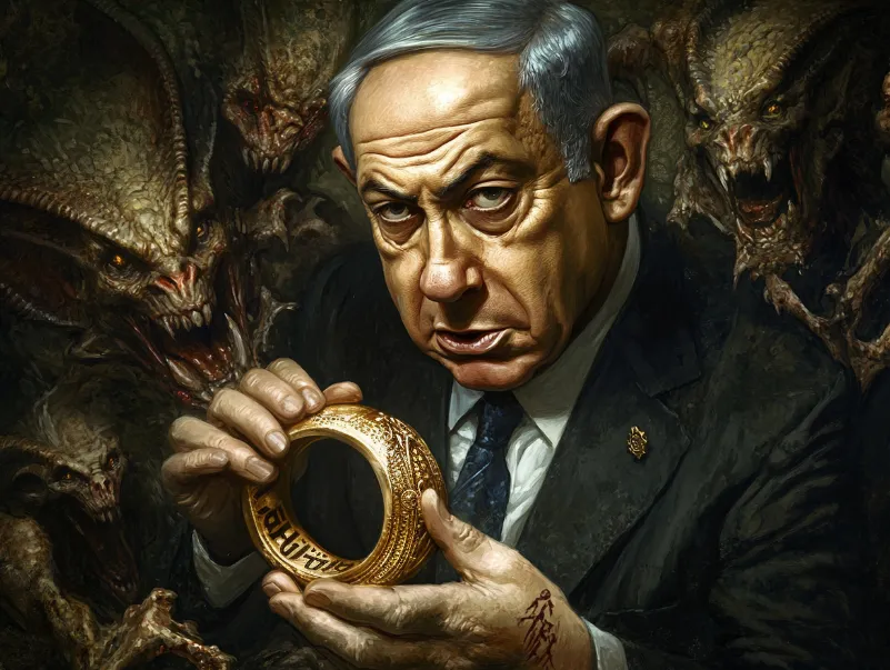 A photoshopped image of Benjamin Netanyahu holding up a golden ring with ancient Hebrew inscriptions, a mischievous glint in his eye, as a swarm of demons and animals surround him.