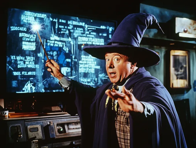 Brian Williams wearing a wizard hat and robe, waving a wand at a screen displaying outlandish headlines and impossible statistics