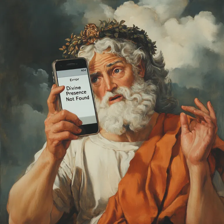 God in classical art style, looking perplexed at a smartphone displaying "Error 404: Divine Presence Not Found