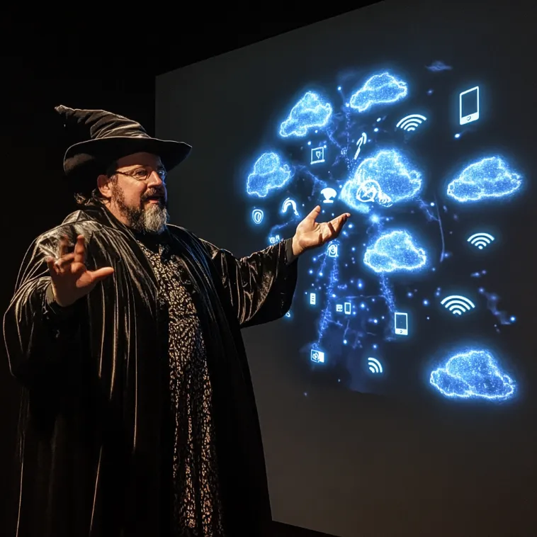 Marc Benioff, donning a wizard's robe and hat, dramatically gesturing towards a holographic display of WiFi-enabled cumulus formations with various tech icons orbiting them