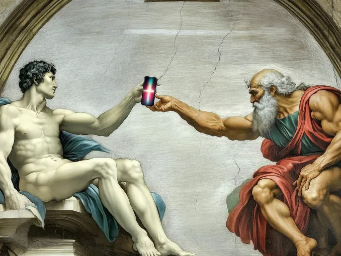 Michelangelo's The Creation of Adam, but Adam is trying to teach God how to use a smartphone with the TikTok logo glowing ominously