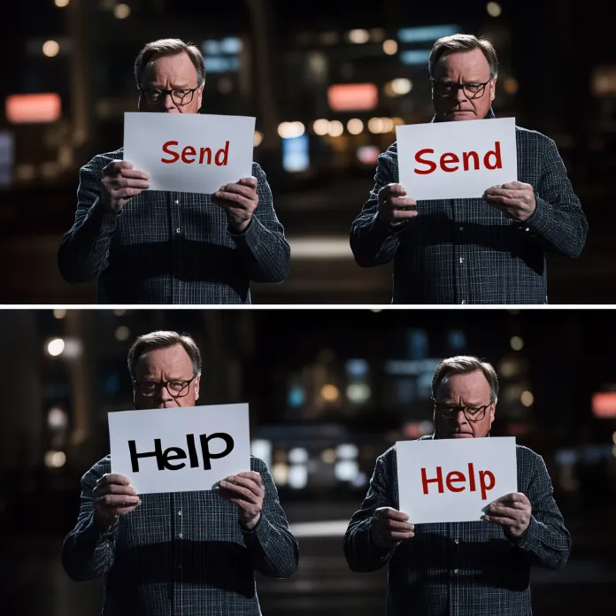 Split-screen of O'Donnell in various states of dishevelment, holding up "Send Help" signs while reporting identical stories