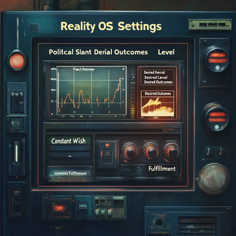 The "Reality OS Settings" control panel, featuring dials for "Political Slant", "Fact Denial Level", and "Desired Outcomes". The "Desired Outcomes" dial is cranked up to "Constant Wish Fulfillment".