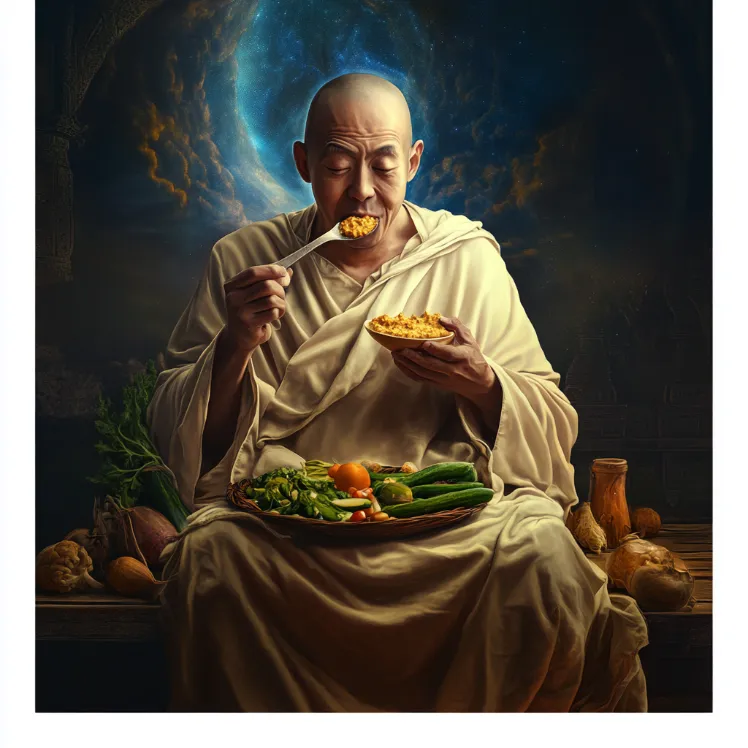 Hanh's ghost happily dipping spectral veggies into a heavenly hummus bowl]