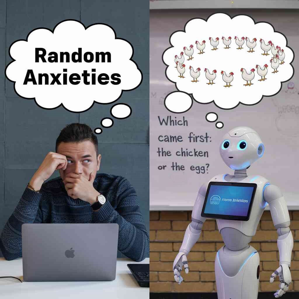 A split-screen showing a human and a robot both staring at a "Which came first: the chicken or the egg?" question. The human's thought bubble contains random anxieties, while the robot's shows an infinite loop of chickens and eggs