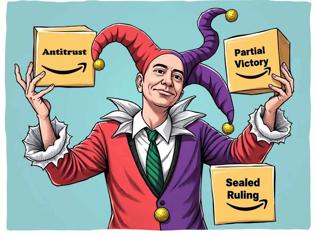 A comical illustration of Jeff Bezos as a jester, juggling Amazon boxes labeled "Antitrust," "Partial Victory," and "Sealed Ruling"