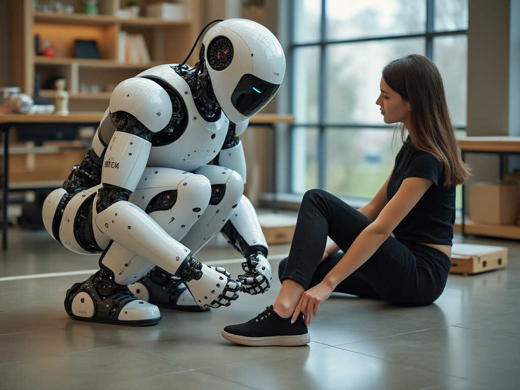 A robot teaching a bewildered human how to tie her shoelaces