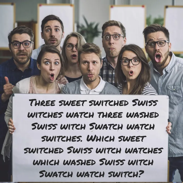  A group of people with comically contorted faces, standing in a circle and attempting to pronounce an absurdly long tongue twister written on a whiteboard