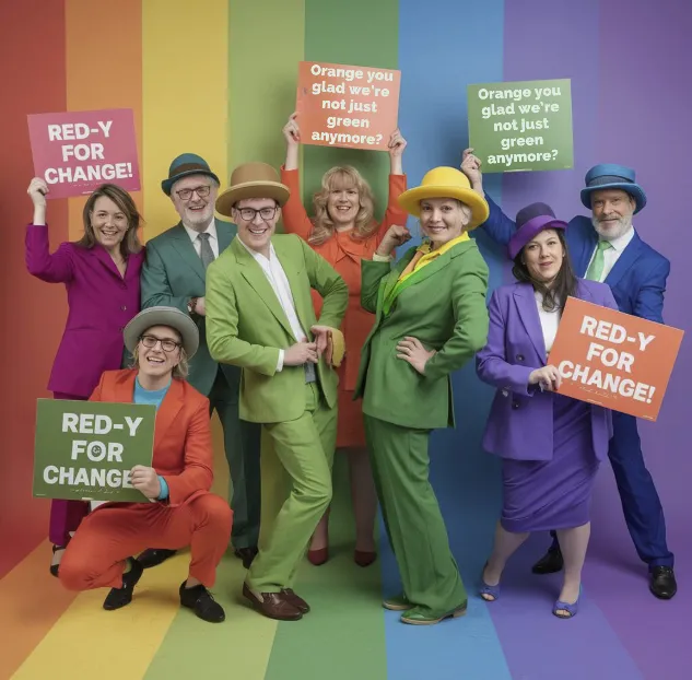 Green Party members awkwardly posing in front of a rainbow background, each dressed head-to-toe in a different bold hue. They hold signs with slogans like "Red-y for Change!" and "Orange You Glad We're Not Just Green Anymore?"