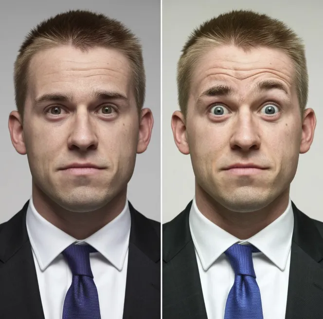 A before-and-after comparison of Jake Tapper's forehead, with the "after" shot showing his eyebrows comically high on his forehead, almost touching his hairline