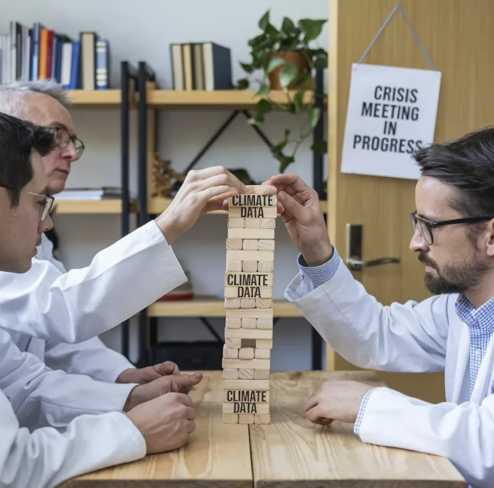 Scientists in lab coats playing Jenga with blocks labeled "Climate Data," while a "Crisis Meeting in Progress" sign hangs crookedly on the door