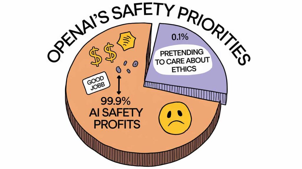 A pie chart titled "OpenAI's Safety Priorities" with 99.9% labeled "AI safety profits" and 0.1% as "Pretending to care about ethics"