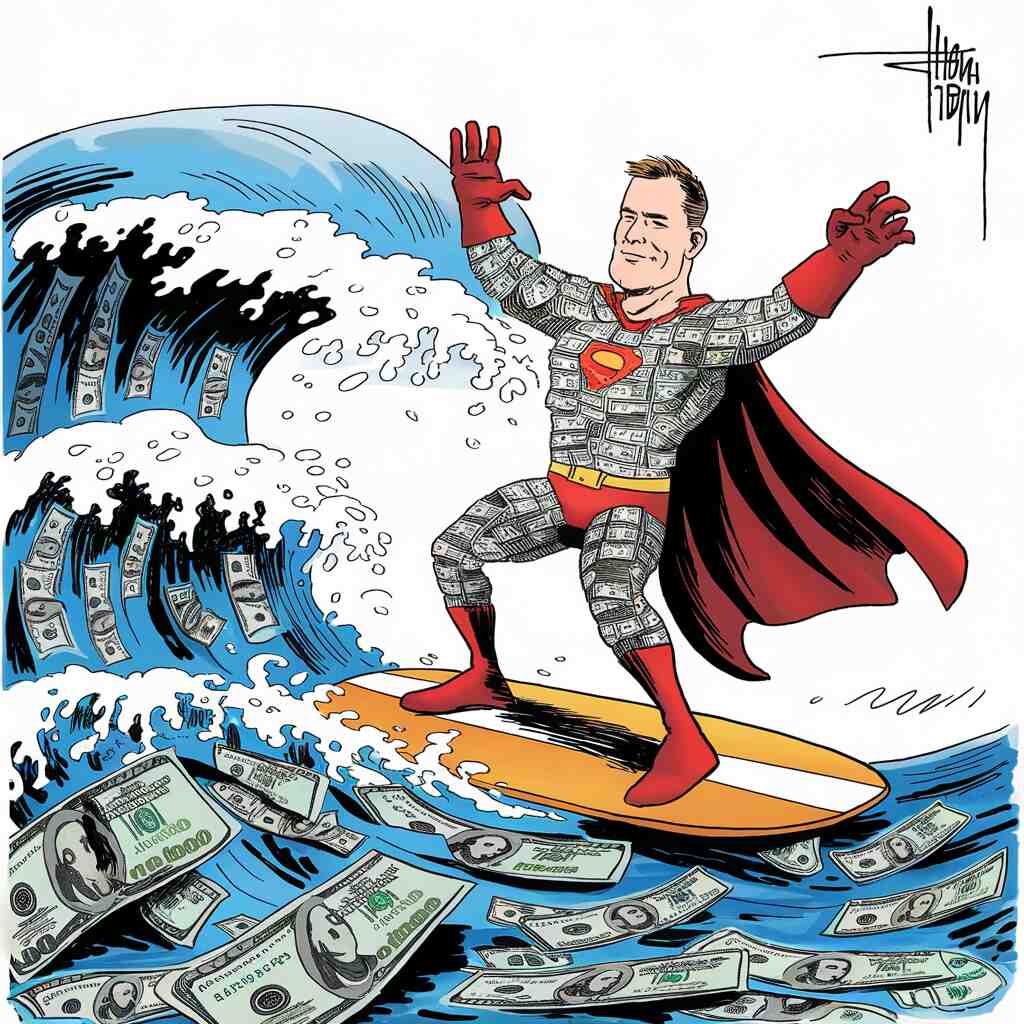 A cartoon of a man in a superhero costume made of dollar bills, surfing on a tidal wave of cash