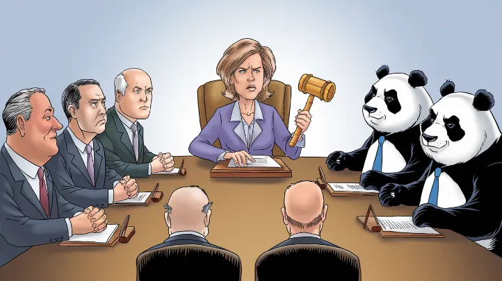 A cartoon-style illustration of Jill Robinson sitting at a large conference table. On one side are serious-looking government officials in suits, on the other side are pandas in business attire. Jill looks exasperated but determined, holding a bamboo gavel.