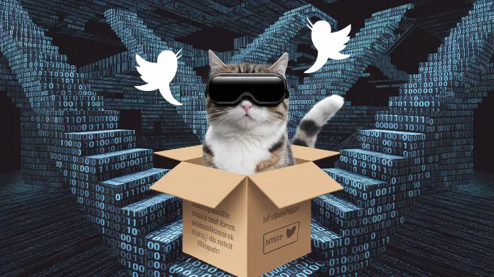 A cat in a box wearing VR goggles, simultaneously tweeting and not tweeting, surrounded by Escher-like staircases made of binary code, quantum tweet theory