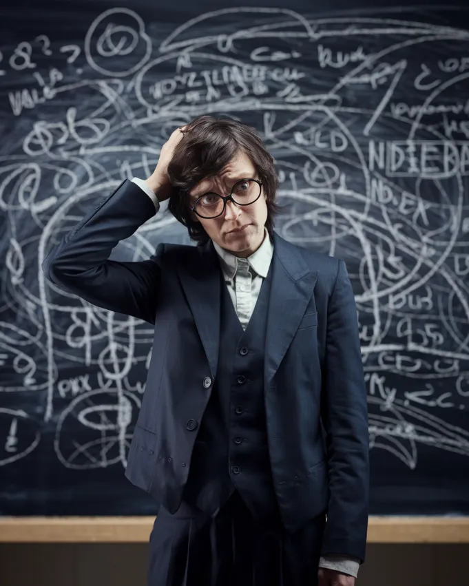 A perplexed linguist standing in front of a chalkboard covered in scribbles and random symbols, scratching their head with a confused expression
