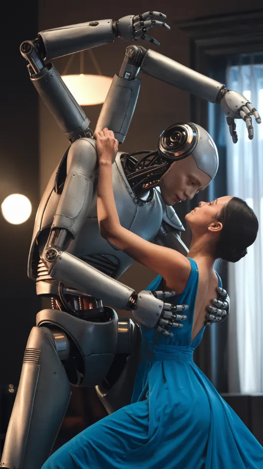 A human and robot couple dancing, with the robot's limbs comically extended in impossible positions