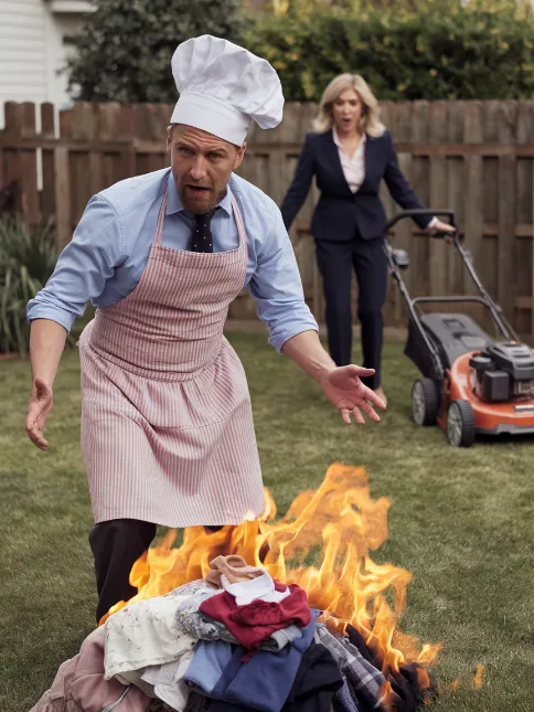 A comical scene of a baffled father in a frilly apron burning a pile of laundry, while a mother in a suit looks utterly perplexed by a lawnmower