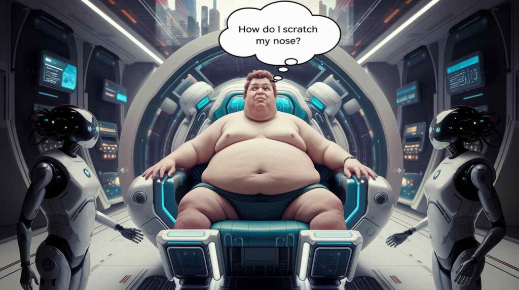 A comically obese human in a high-tech lounger, surrounded by AI assistants, with a thought bubble reading "How do I scratch my nose?"