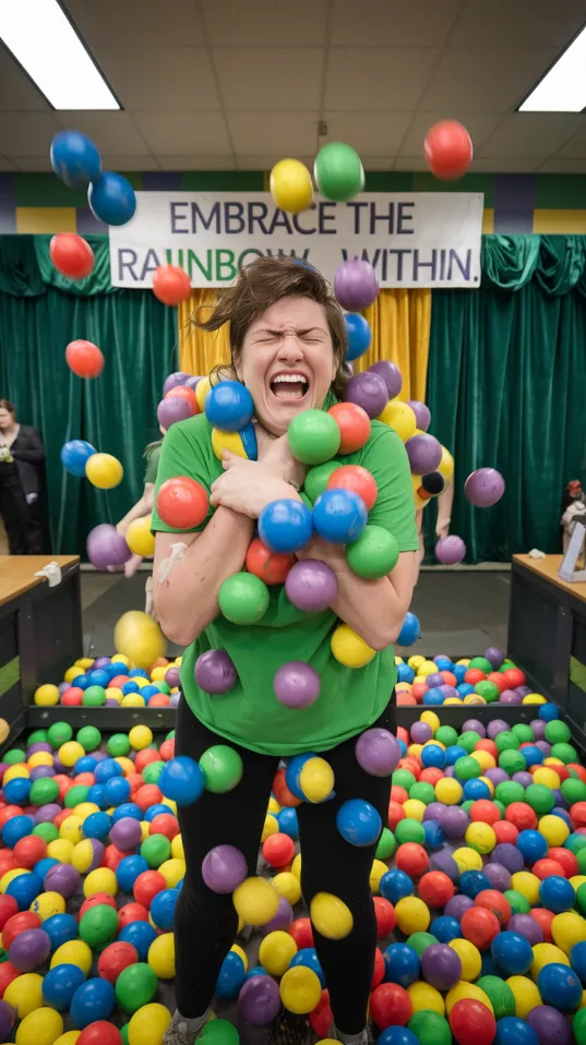 A Green Party member, eyes closed, being pelted with a barrage of colorful foam balls in a "trust-fall" exercise gone wrong. A sign in the background reads, "Embrace the Rainbow Within."]