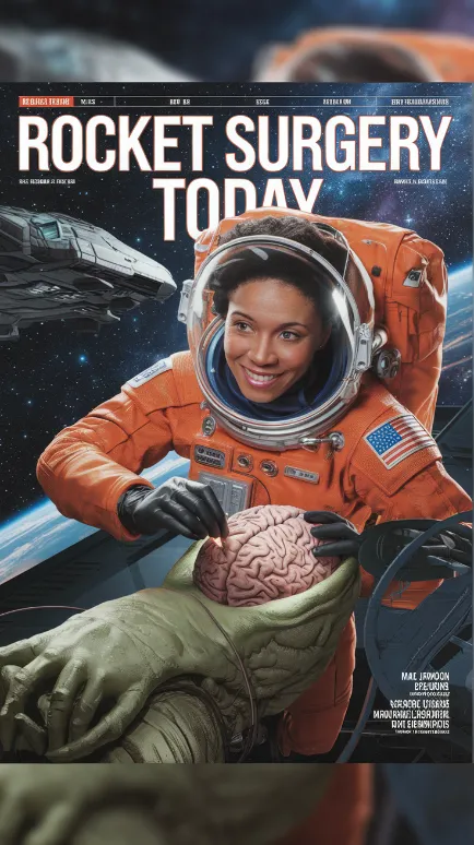 A mock magazine cover titled "Rocket Surgery Today," featuring Mae Jemison performing brain surgery on an alien while floating in space