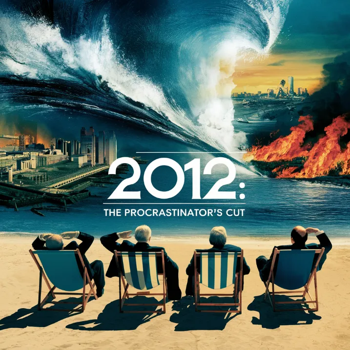 A mock movie poster for "2012: The Procrastinator's Cut" featuring world leaders lounging on beach chairs as tsunamis and wildfires approach in the background