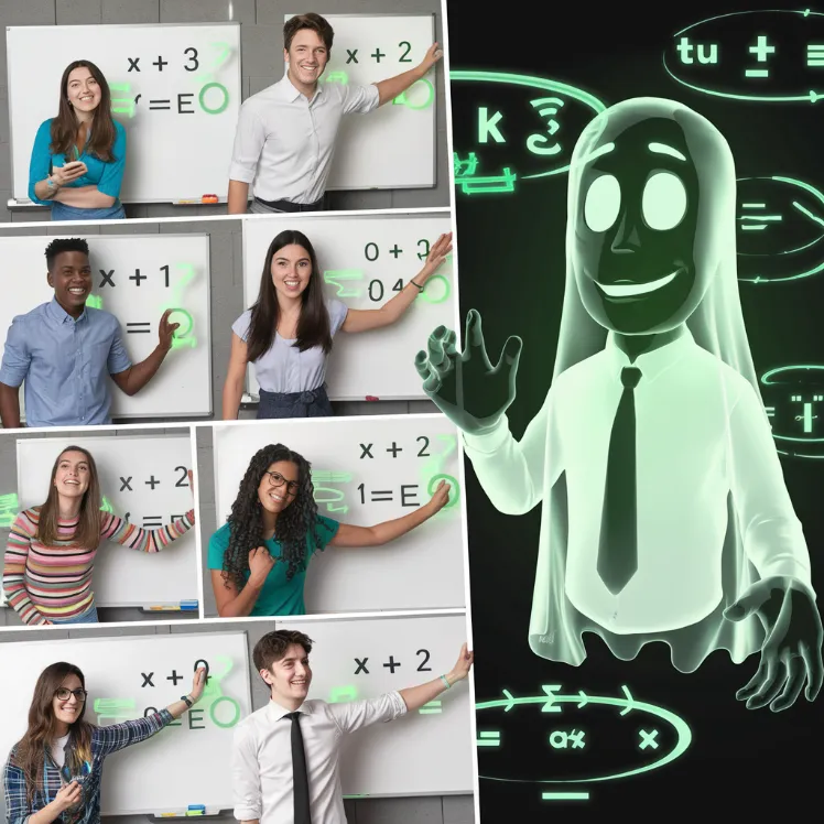A montage of TikTok duets featuring students attempting to solve equations alongside Escalante's ghostly avatar, with comical results. Equations float in the background, glowing an eerie green.