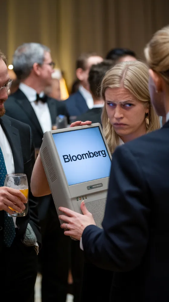 A group of people at a cocktail party, with one person smugly holding a Bloomberg terminal while the others look on in awe and confusion