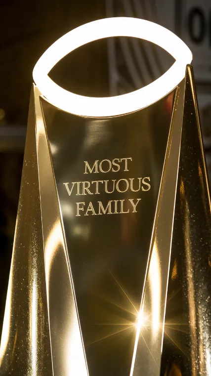 A gleaming golden halo trophy with "Most Virtuous Family" engraved on it, emitting a blinding holy light