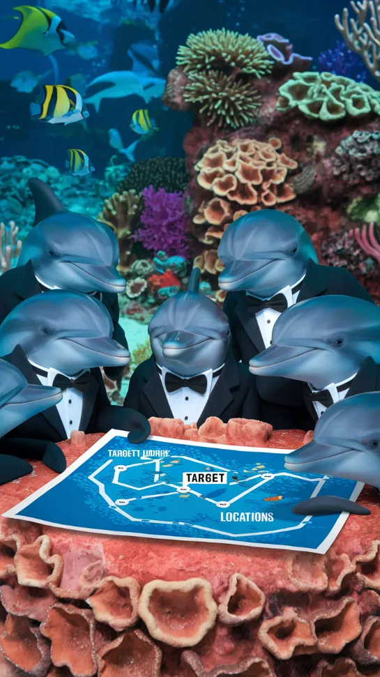 A group of dolphins wearing tiny tuxedos, huddled around a makeshift conference table made of coral, studying a map of an aquatic park with marked "target locations"