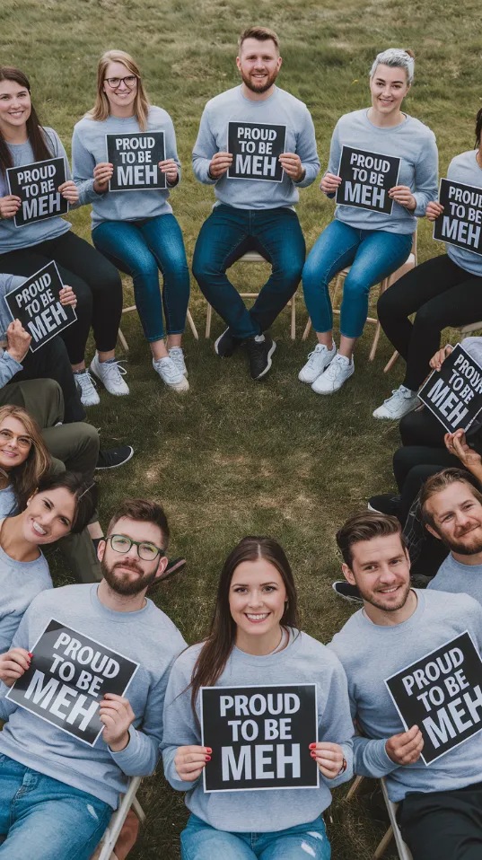 A group of people sitting in a circle, all wearing identical gray sweatshirts and holding "Proud to be Meh" signs, with expressions of contented apathy]