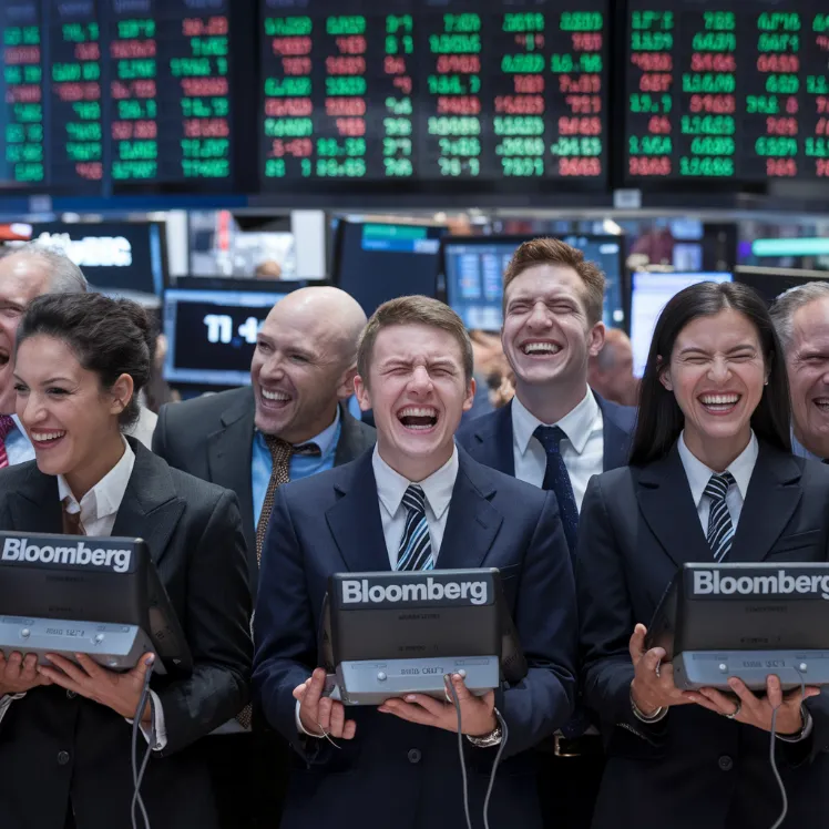 A group of smug people in suits, all holding Bloomberg terminals and laughing maniacally in front of a wall covered in stock tickers