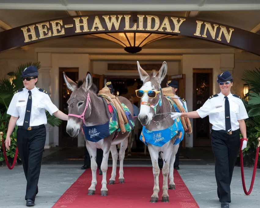 A wide-angle shot of a luxurious resort entrance with a red carpet. Instead of human guests, well-groomed donkeys wearing sunglasses and Hawaiian shirts are being escorted by uniformed staff. A grand sign reads "Hee-Hawliday Inn" in gold letters.