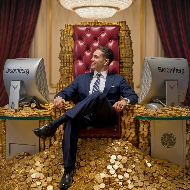 A smug businessman in an Armani suit, lounging on a throne made of Bloomberg terminals, surrounded by piles of gold coins