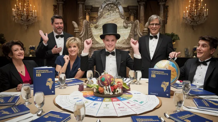 A comically overdressed teenager seated at an elaborate dinner table, surrounded by bewildered adults. The table is adorned with IB textbooks, a globe, and a centerpiece resembling the IB learner profile diagram.