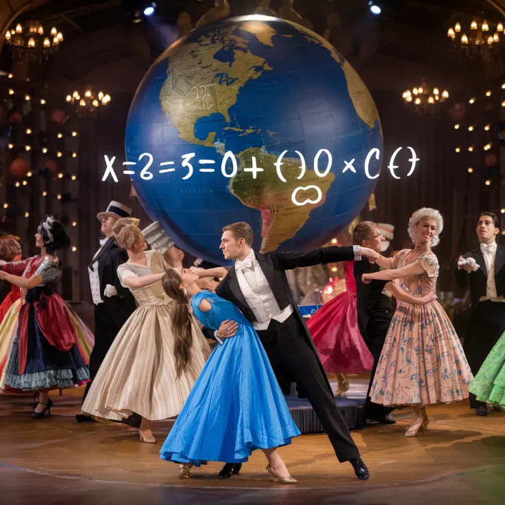 A whimsical ballroom scene with various national personifications in Regency dress, dancing around a giant rotating globe. Mr. Finland dips Miss America while simultaneously solving a complex equation floating above their heads.