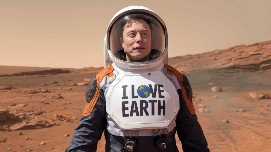 Elon Musk Standing on Mars with "I Love Earth" on His Spacesuit