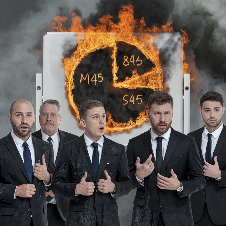 e-commerce kung fu,  Executives in singed suits presenting to terrified investors, with a whiteboard showing flames engulfing market share pie charts

