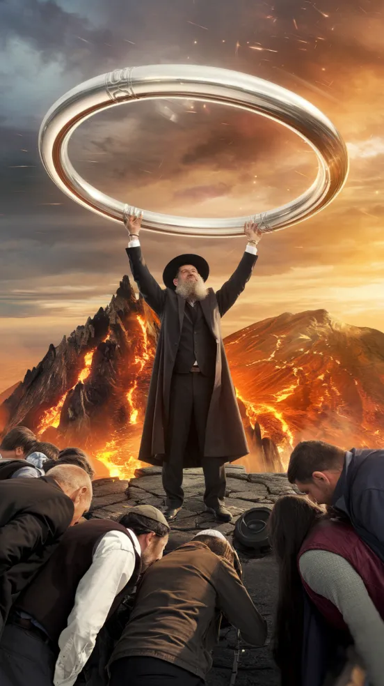 Rabbi Sacks, atop Mount Doom, triumphantly raises the gleaming "Ring of Unity" high overhead. Representatives from each race bow reverently before him.