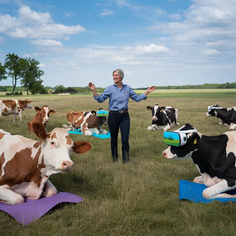 Temple Grandin leading a group meditation session with cows in a serene pasture, some cows in yoga poses, others wearing VR headsets displaying peaceful meadow scenes