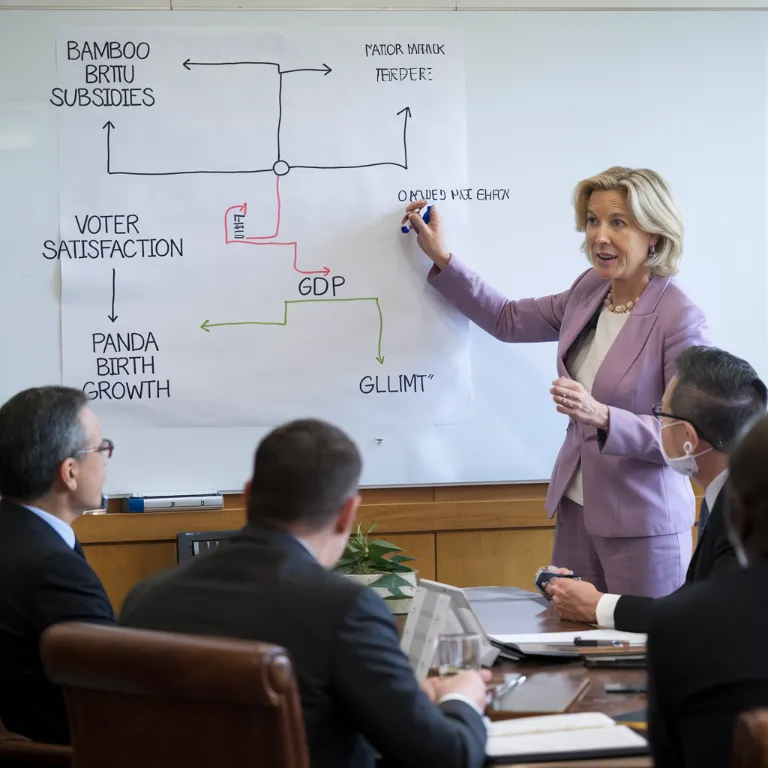 Jill Robinson in a negotiation room, using a whiteboard to explain a complex flow chart. The chart hilariously connects concepts like "Bamboo Subsidies" to "Voter Satisfaction" and "Panda Birth Rates" to "GDP Growth".]