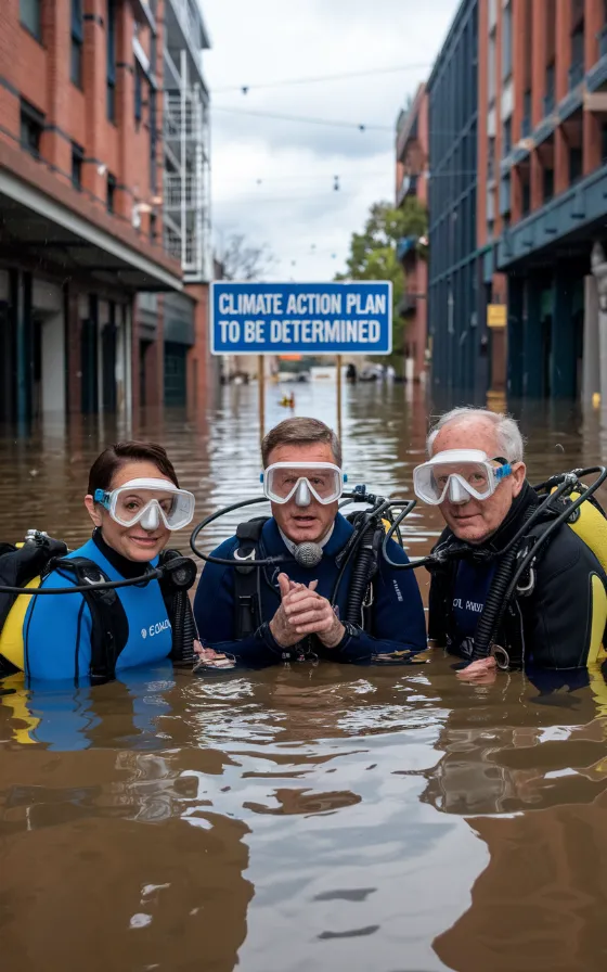 Politicians in scuba gear holding a underwater press conference in a flooded city, with a sign reading "Climate Action Plan: To Be Determined"