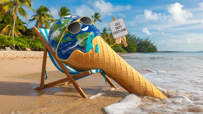 climate change procrastination , A melting ice cream planet Earth lounging on a beach chair, wearing sunglasses and holding a "Do Not Disturb" sign, while rising sea levels lap at its feet]