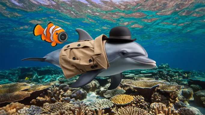 A dolphin wearing a tiny trench coat and a bowler hat, peering over a colorful coral reef with a miniature waterproof camera disguised as a clownfish attached to its fin