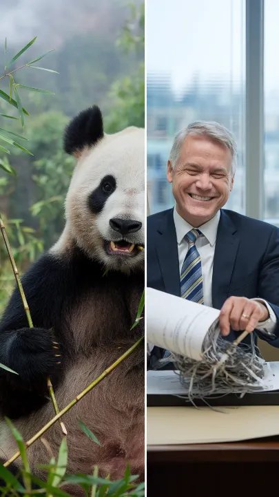 A split-screen image: on one side, a panda contentedly munching bamboo; on the other, a politician happily shredding documents. Both look equally satisfied.