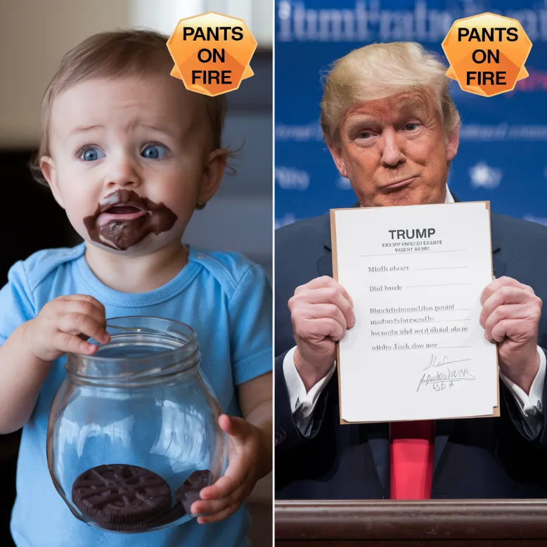 A split-screen of a toddler with chocolate-smeared face holding an empty cookie jar, and Trump at a podium with ink-stained hands clutching a blank executive order, both with "Pants on Fire" Politifact ratings above their heads