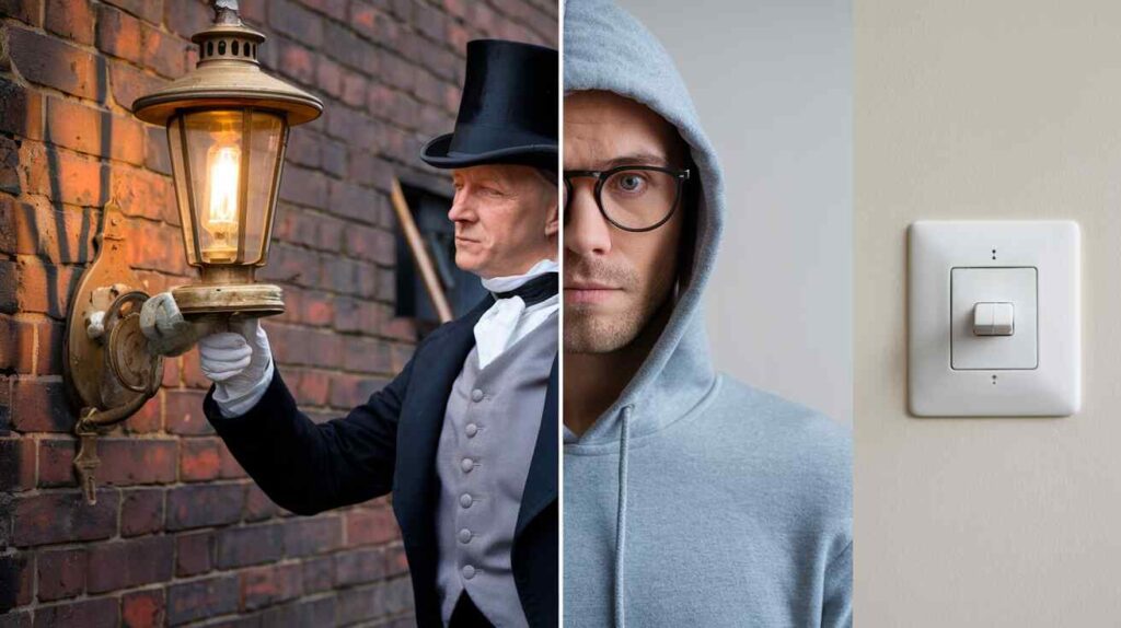 A split-screen showing a 19th-century lamplighter next to a modern human staring blankly at a smart light switch
