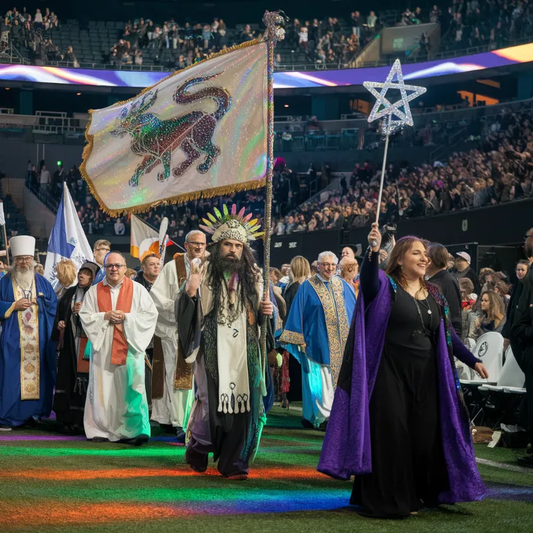 Religious leaders parade into the stadium wearing bedazzled versions of their traditional attire. A shaman carries a flag with a glittery spirit animal, while a Wiccan priestess twirls a baton topped with a sparkling pentagram.