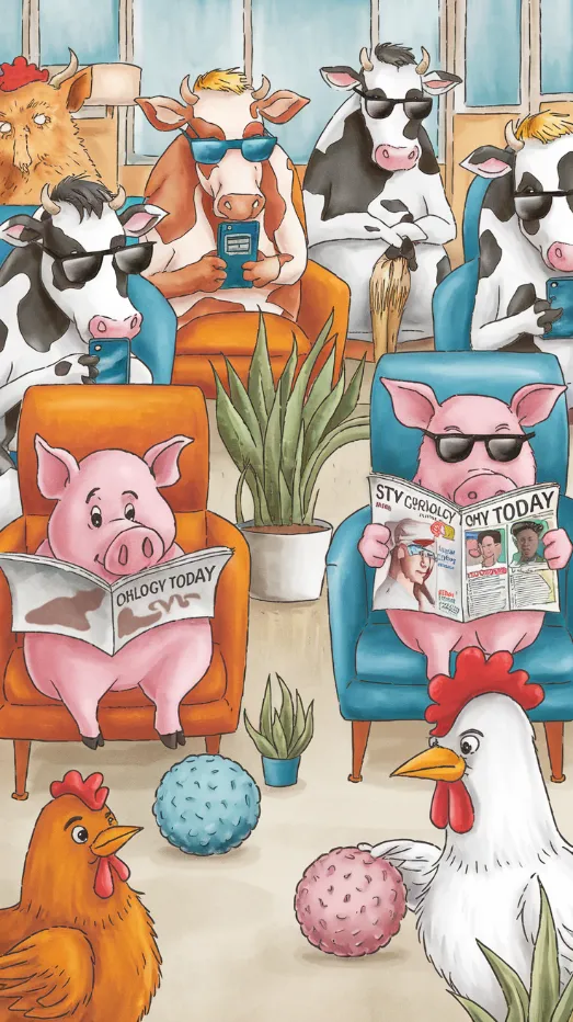 A waiting room filled with various farm animals, including cows wearing sunglasses and scrolling through smartphones, pigs reading "Sty-chology Today" magazines, and chickens pecking at stress balls