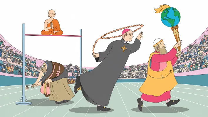 A whimsical illustration depicting religious figures engaged in bizarre Olympic-style events. A Buddhist monk meditates atop a pole vault bar, a Catholic priest hurls a rosary like a discus, and a Baha'i athlete carries a torch shaped like the earth